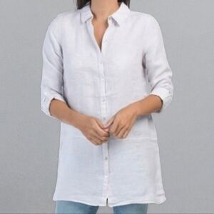 Tahari Essential 100% Linen Button Front Split Side Tunic in White Size Small